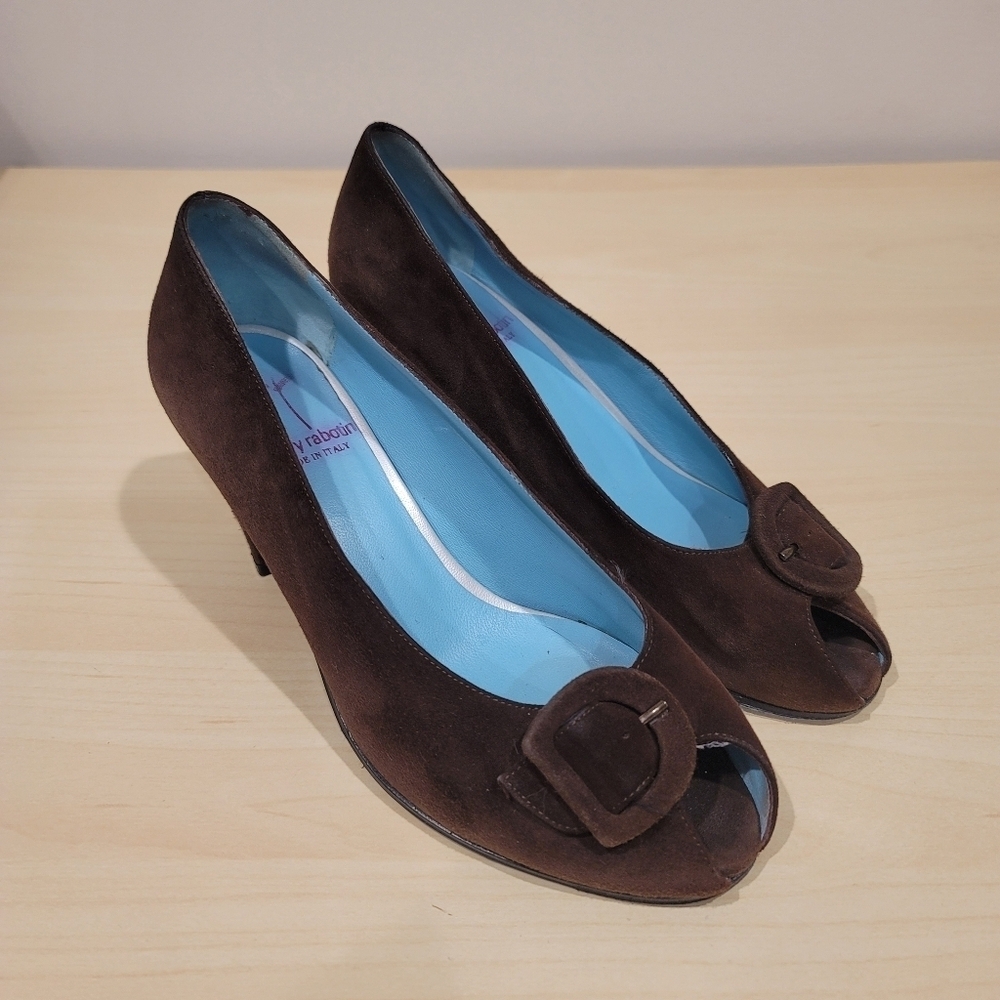 Sz 36.5 EU Vintage Suede Thierry Rabotin Peep Toe Block Heels